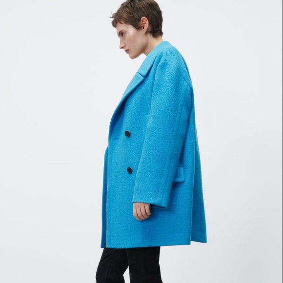 ZARA WOMEN NEW OVERSIZED DOUBLE-BREASTED COAT WOOL BLEND TURQUOISE SIZE M 2… - Picture 9 of 10